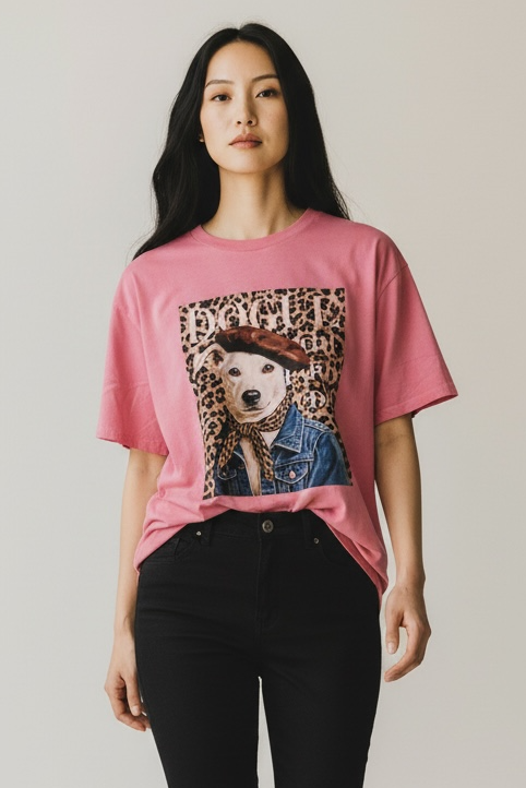 Charizma - Unisex Βαμβακερό Ροζ Μακό T-Shirt Oversized με Στάμπα Dogue Paris