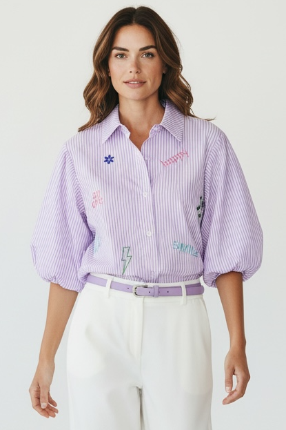 Zeta Otto - Γυναικείο Ριγέ Λιλά Πουκάμισο με κεντήματα & balloon κοντά μανίκια