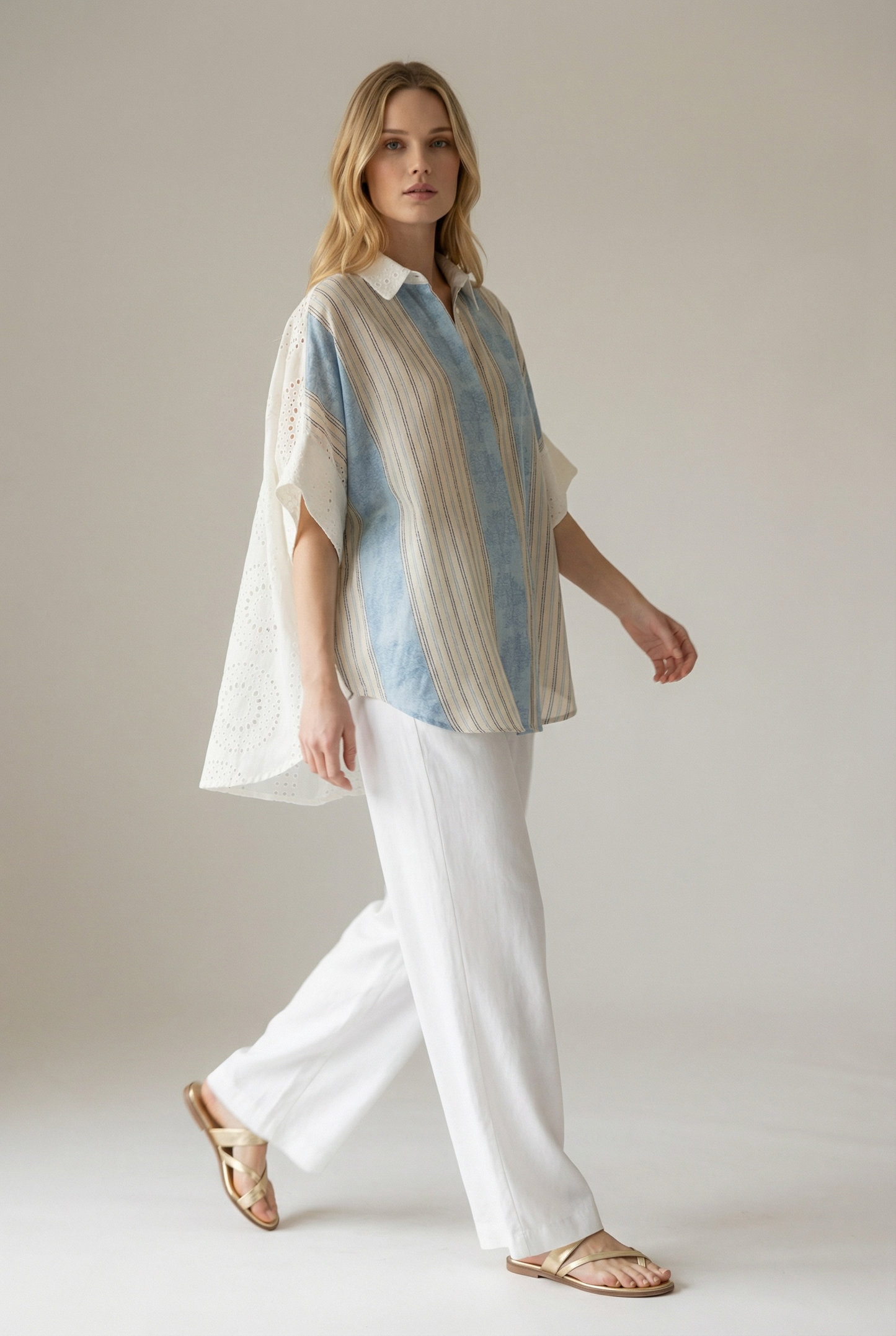 Zeta Otto - Oversized Λινό Πουκάμισο με Υφαντό & Κιπουρ Δαντέλα Γαλάζιο