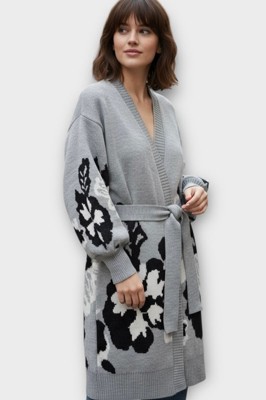 Figaro - Πλεκτή Μακριά Ζακέτα Belted Knit Γκρι