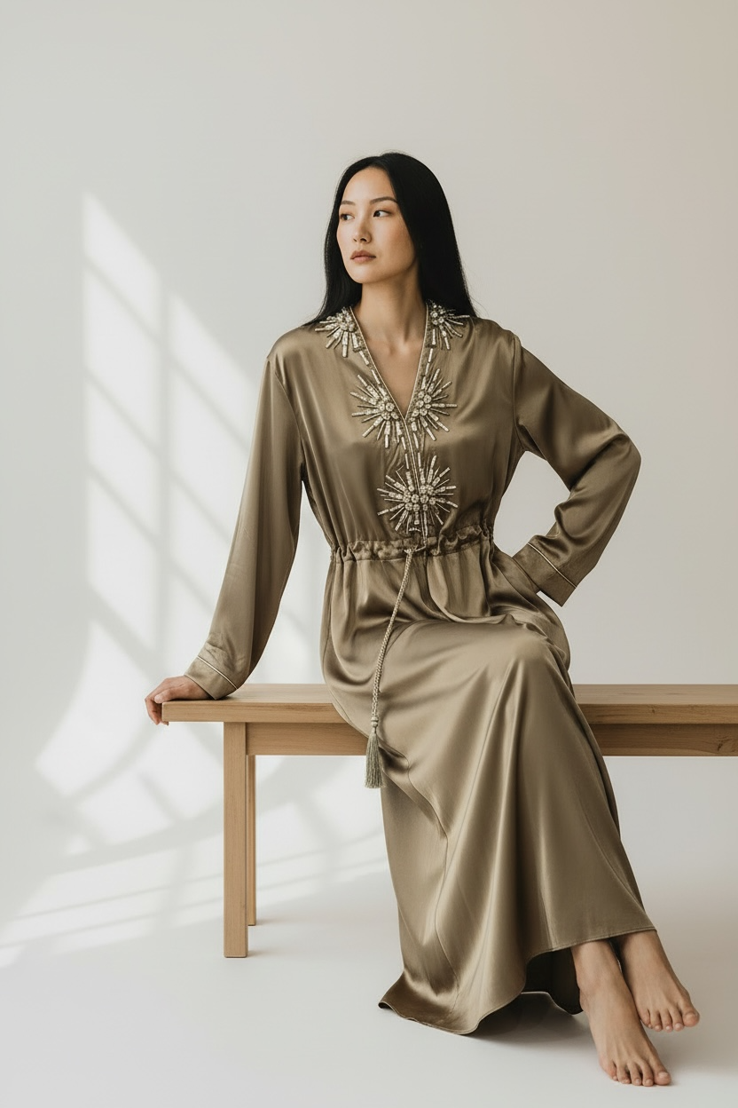 Charizma - Μάξι Καφτάνι Φόρεμα με Διακοσμητικά Στοιχεία και Ρυθμιζόμενη Μέση Χακί