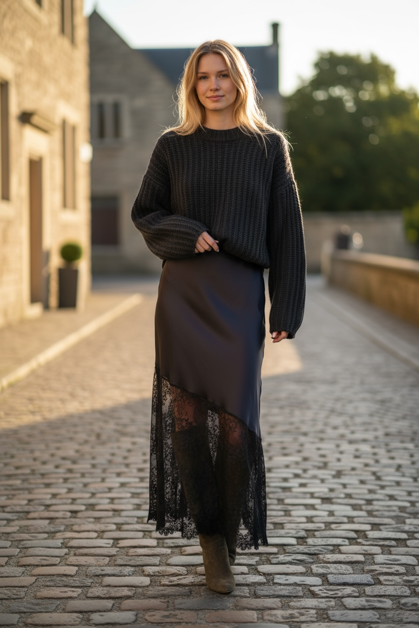 Charizma - Σατέν Μακριά Φούστα με Δαντέλα Διαγώνια στο Τελείωμα Μαύρη