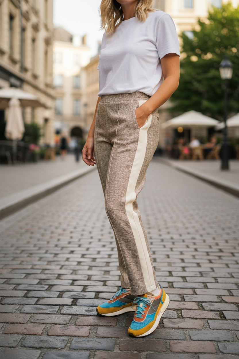 Figaro - Ψηλόμεσο Μπεζ Ψαροκόκαλο Παντελόνι με Ρίγα στο Πλάι και Λάστιχο