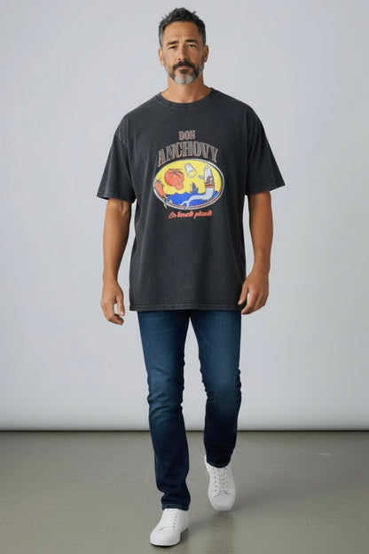Charizma - Unisex Βαμβακερό Μαύρο Μακό T-Shirt Oversized με Στάμπα Don Anchovy