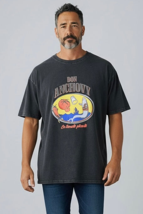 Charizma - Unisex Βαμβακερό Μαύρο Μακό T-Shirt Oversized με Στάμπα Don Anchovy