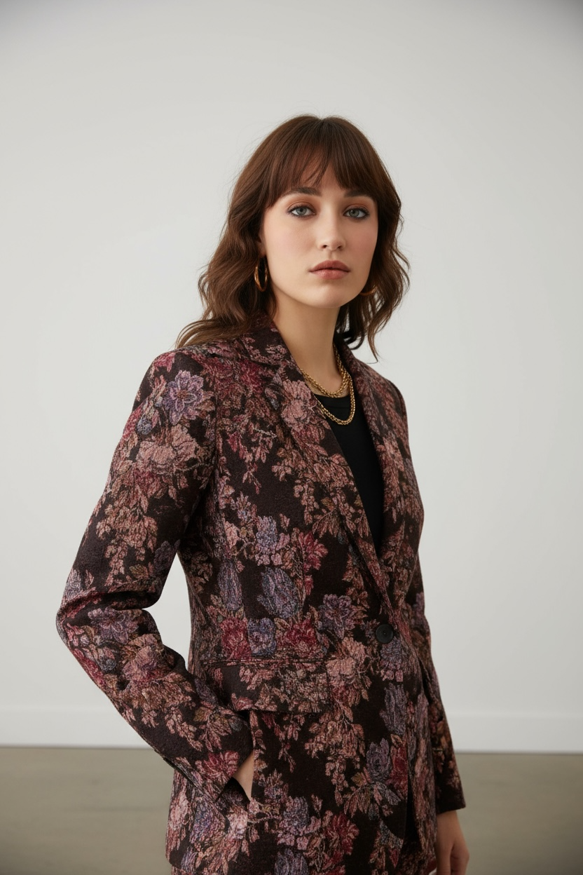 Charizma -  Statement Πανωφόρι Μπροκαρ με Ανάγλυφα Μοτίβα & 3/4 Μανίκια Λουλούδια