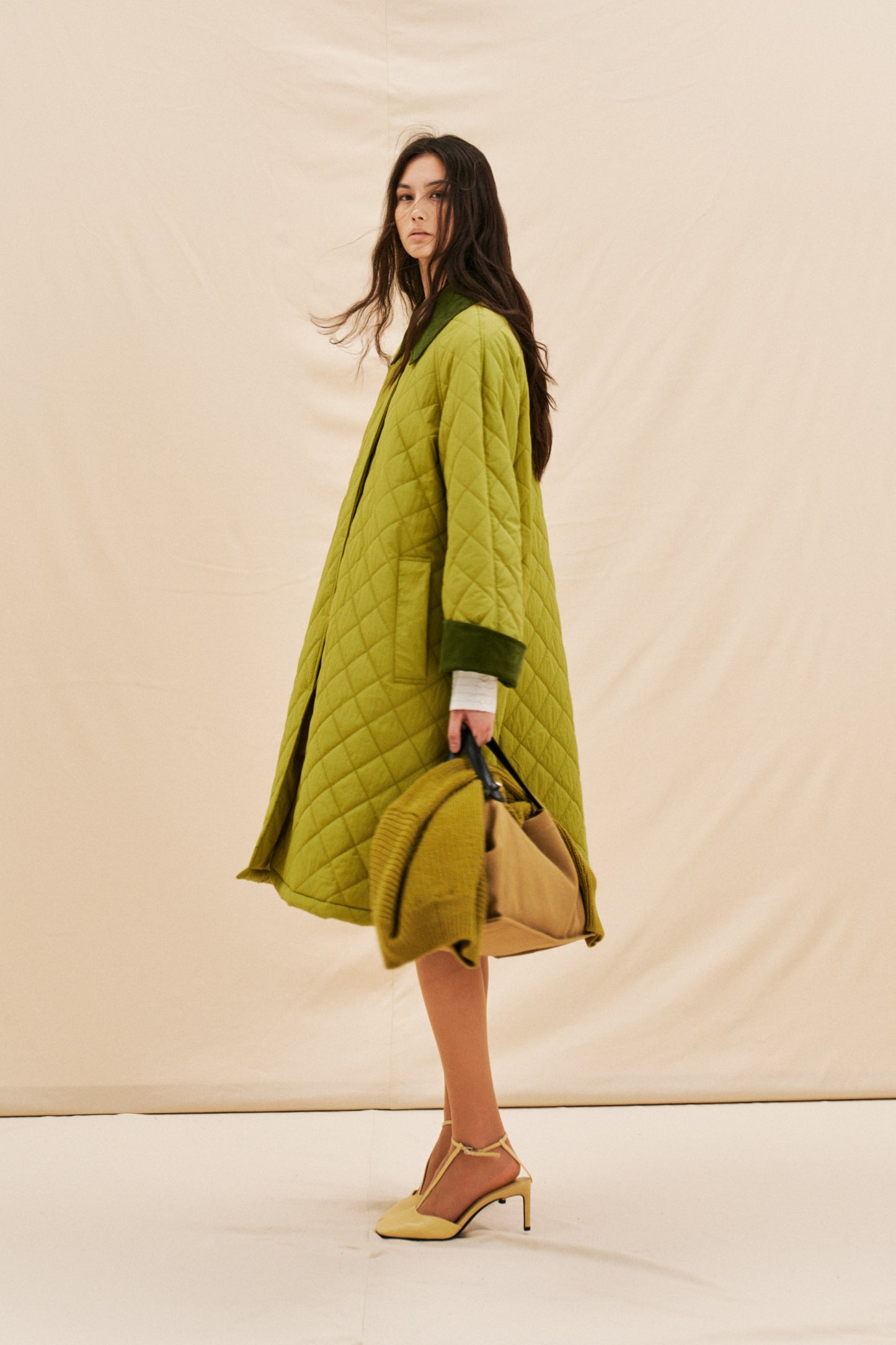 Lumina - Μακρύ Καπιτονέ Παλτό με Κοτλέ Γιακά & Μανίκια Πράσινο