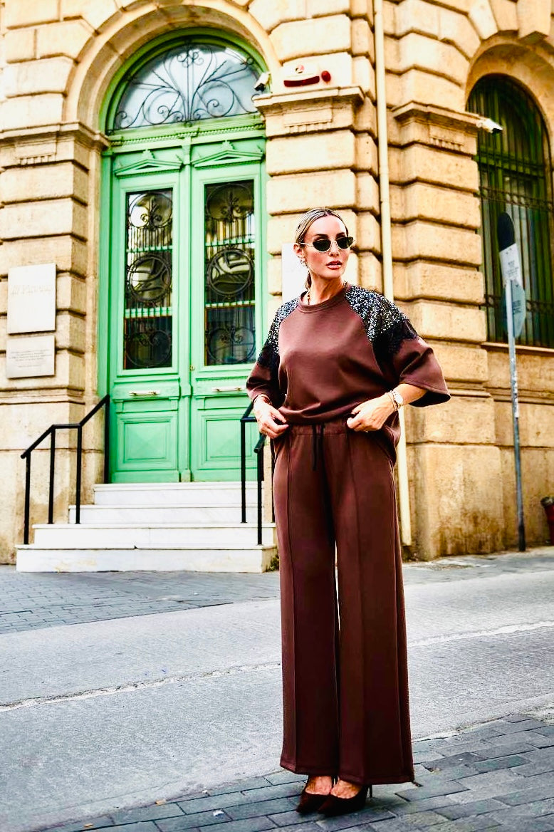 Figaro - Φαρδιά Παντελόνα Καφέ με Λάστιχο & Ρίγα στο Πλάι