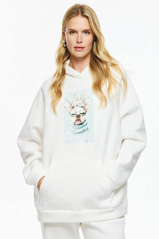 Unitee- Φούτερ Μπλούζα Λευκό με Κουκούλα με Γαλλικό Μπουλντόγκ