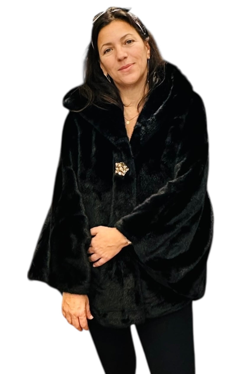 Charizma - Συνθετική Γούνα με Κουκούλα, Τσέπες σε Στυλ Κάπας Μαύρη