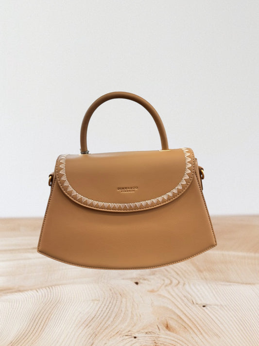 Diana @ Co Firenze - Τσαντάκι Χειρός & Ώμου Μόκα με Κεντητή Λεπτομέρεια