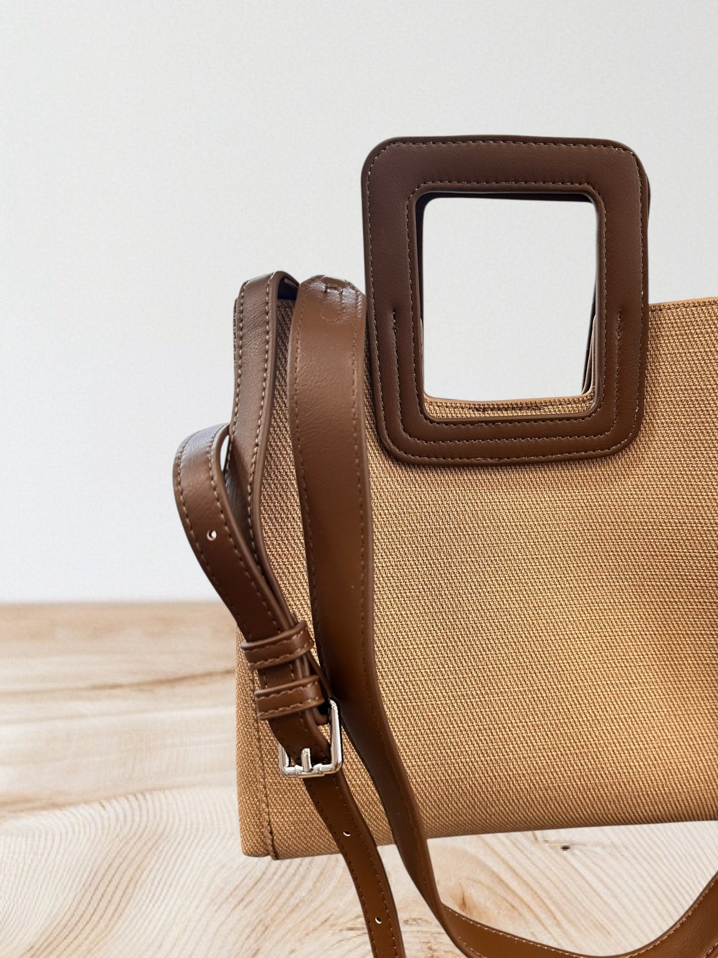 Charizma - Τσάντα Χειρός, Ώμου & Χιαστί σε Μόκα Υφασμάτινη Υφή με Τετράγωνη Λαβή