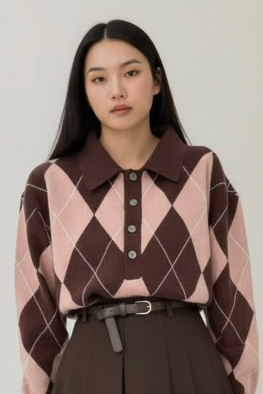 Charizma - Πλεκτό Πουλόβερ Ρόμβοι (Argyle) Ροζ