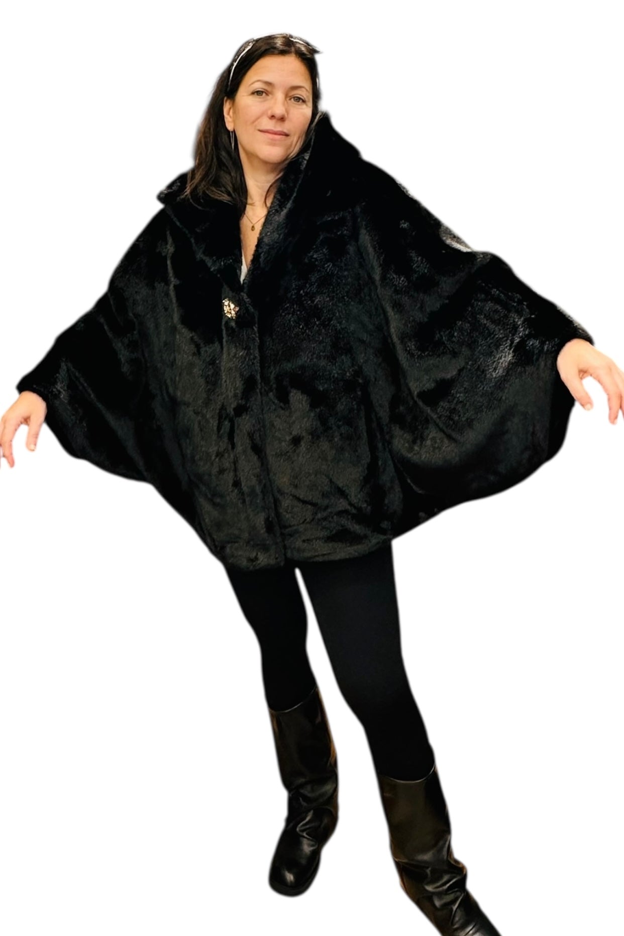 Charizma - Συνθετική Γούνα με Κουκούλα, Τσέπες σε Στυλ Κάπας Μαύρη