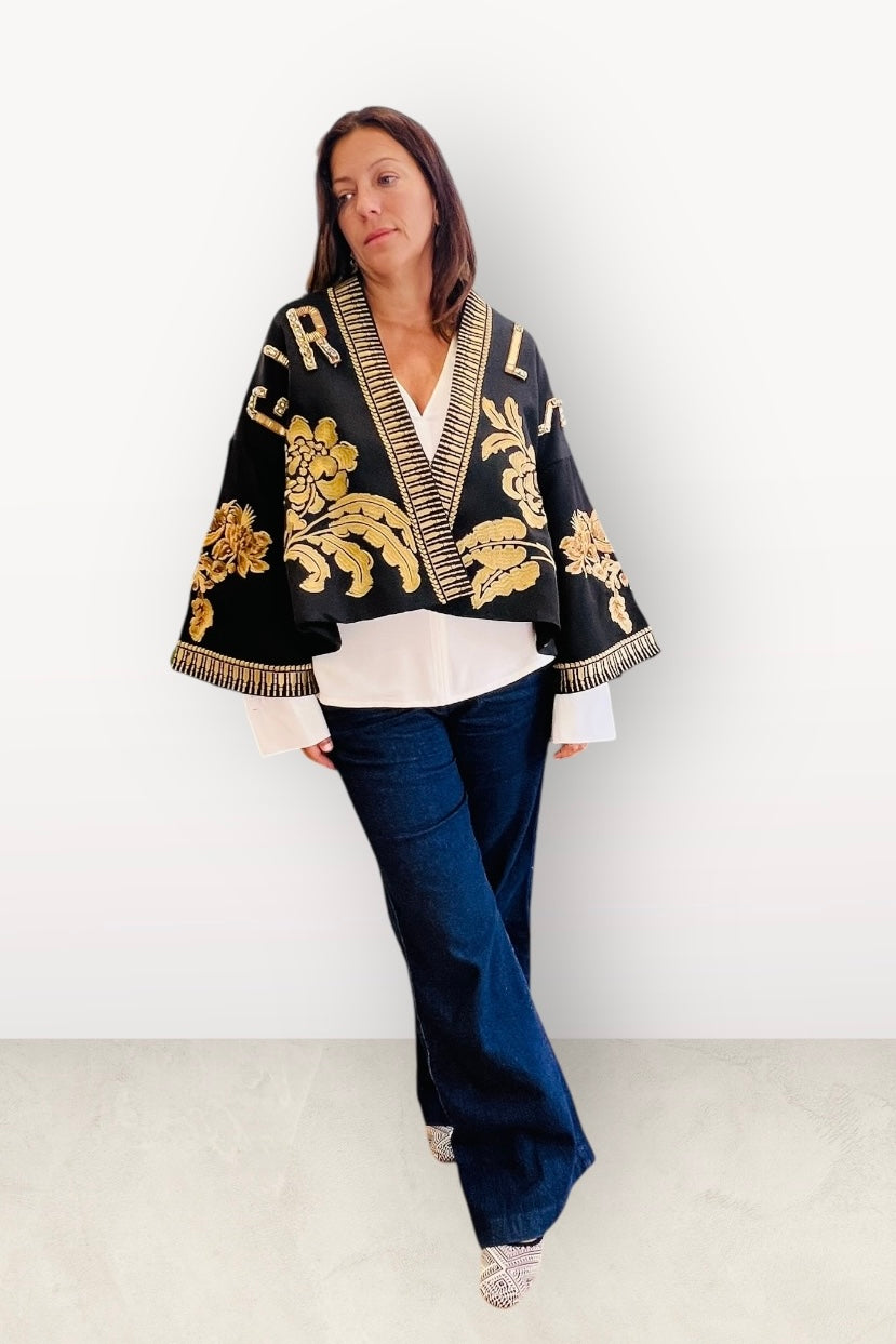 Charizma - Glam Μαύρο Α γραμμή Σακάκι με Χρυσό Κέντημα & Στρας