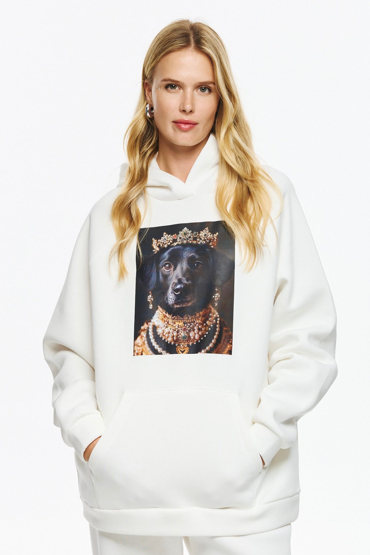 Unitee- Φούτερ Μπλούζα Λευκό με Κουκούλα με Σκύλο με Κορώνα