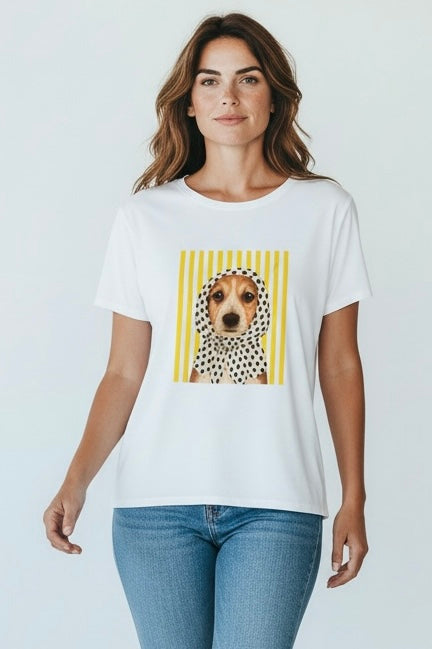 Charizma - Λευκό Μακό T-Shirt με Στάμπα Σκυλάκι & Κίτρινες Ρίγες