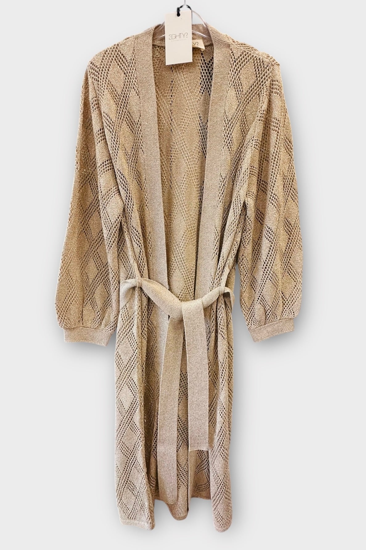 Eighty2 by Figaro - Μακριά Πλεκτή Ζακέτα με Ζώνη Χρυσό Lurex