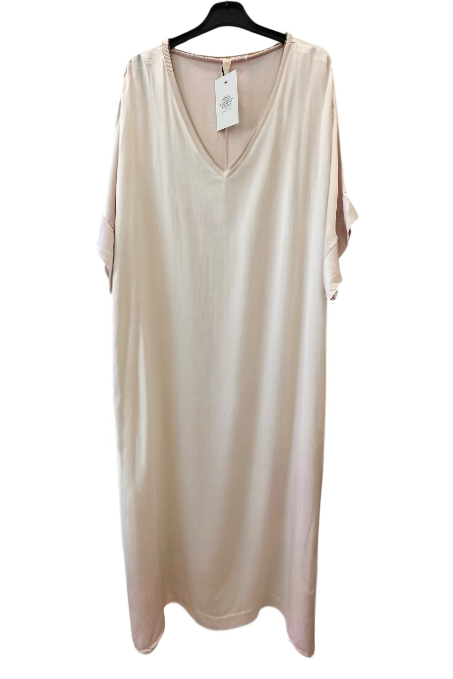 Σατέν Oversized Μακρύ Φόρεμα Με V  & Κοντό Μανίκι