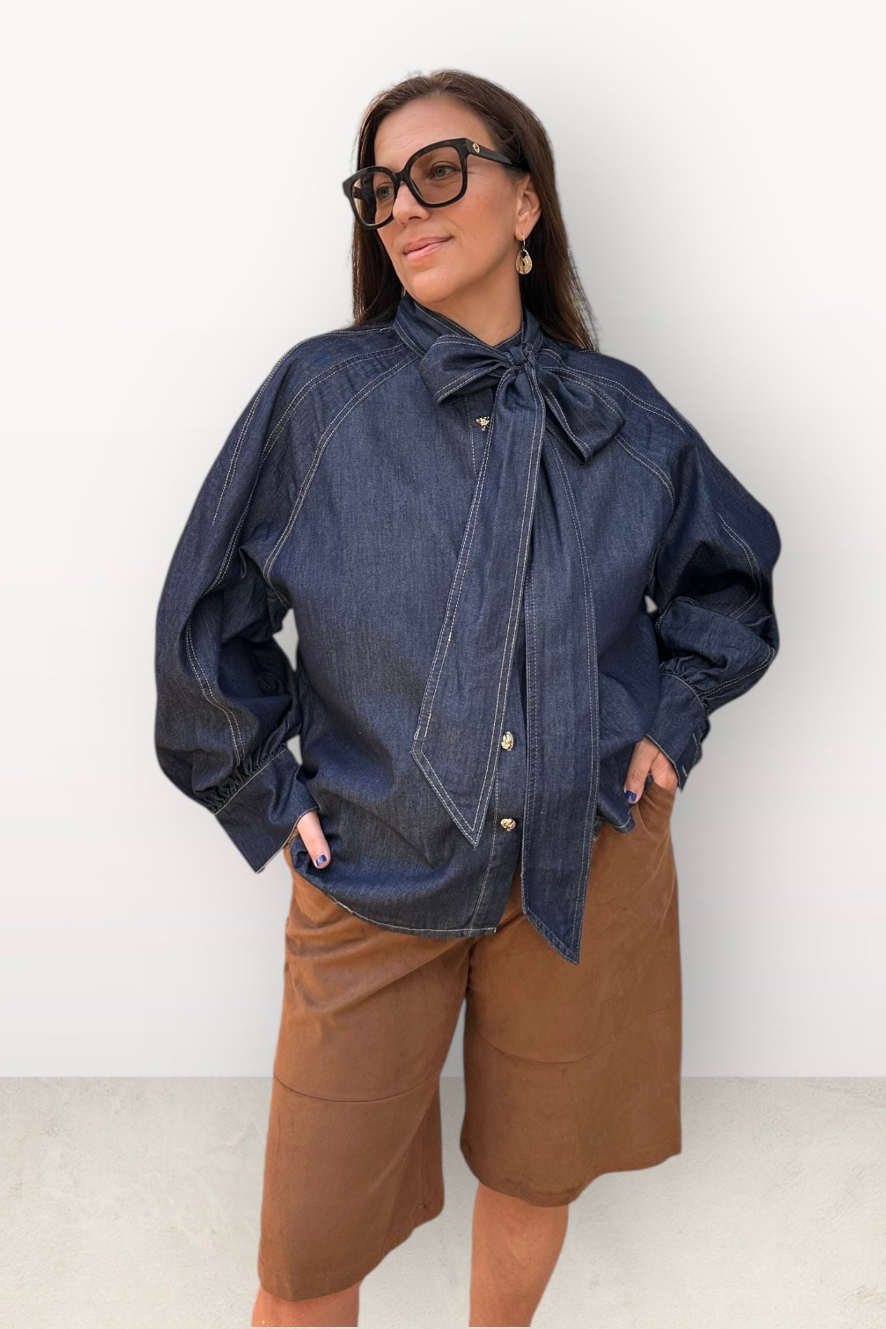 Charizma Τζιν Πουκάμισο με Φουσκωτά Μανίκια, Δέσιμο στον Λαιμό & Χρυσά Κουμπάκια