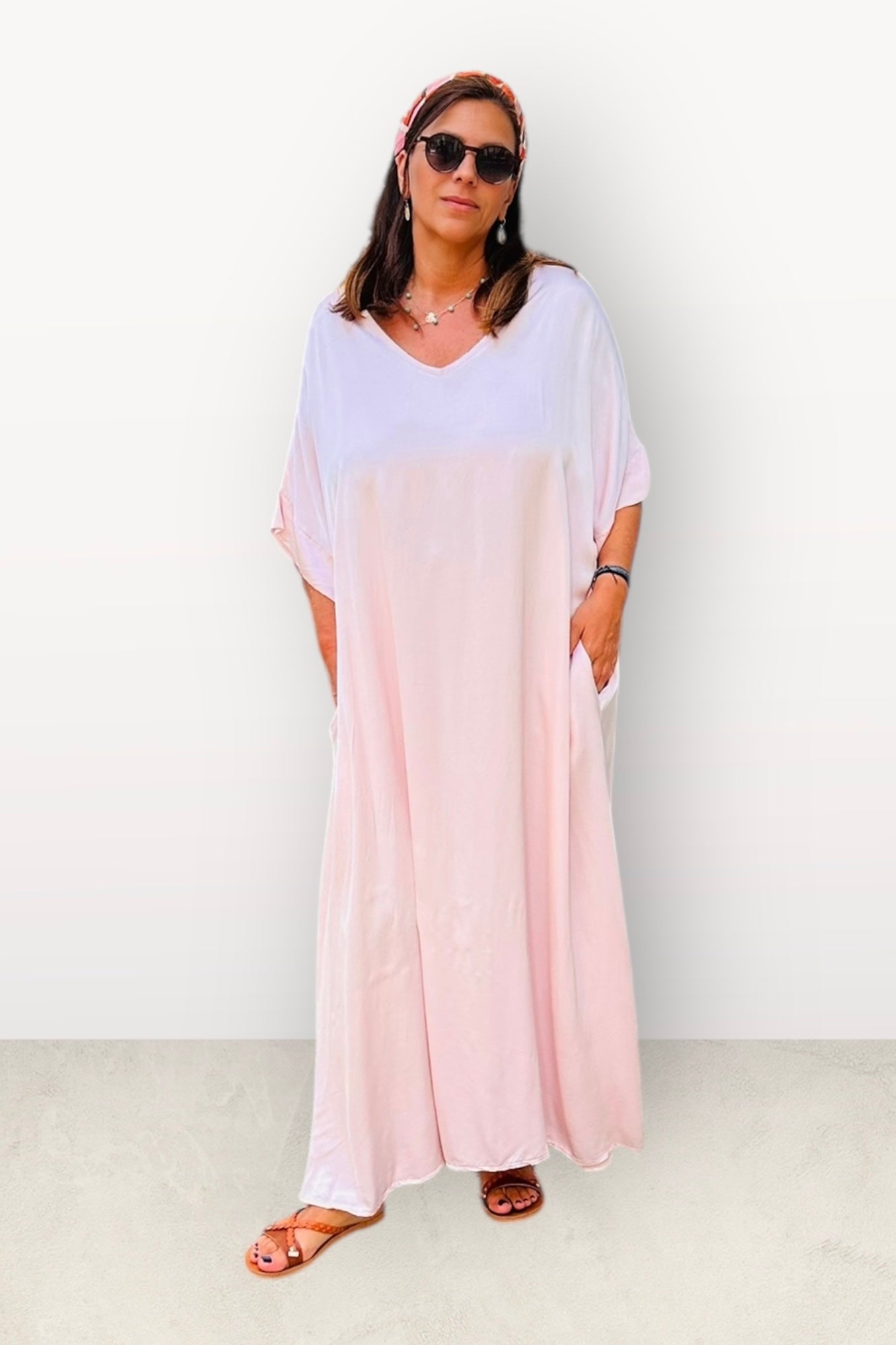 Σατέν Oversized Μακρύ Φόρεμα Με V  & Κοντό Μανίκι