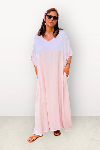 Σατέν Oversized Μακρύ Φόρεμα Με V  & Κοντό Μανίκι Ροζ
