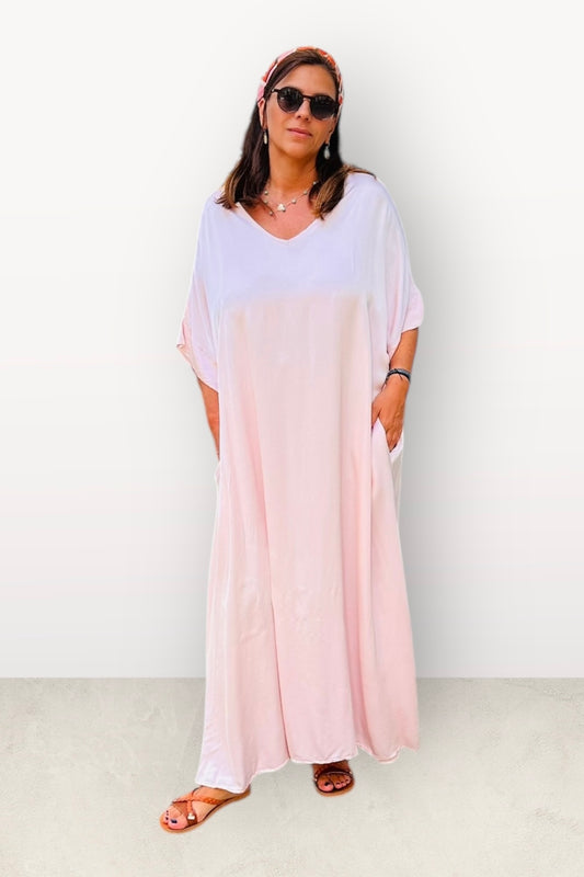 Σατέν Oversized Μακρύ Φόρεμα Με V  & Κοντό Μανίκι Ροζ
