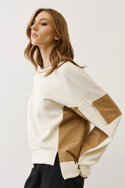 Figaro - Μπλούζα Φούτερ με Διχρωμία & Λεπτομέρεια Τσέπης στο Μανίκι Μπεζ