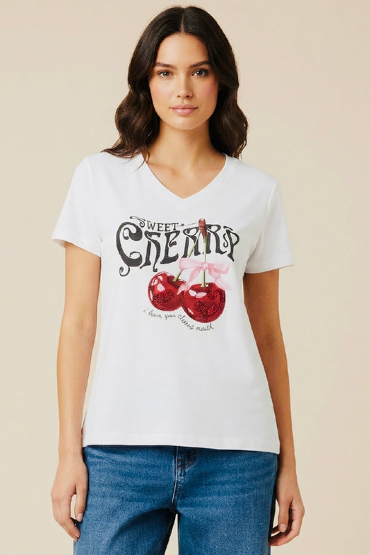Unitee - Λευκό Μακό T-shirt με Στάμπα «Sweet Cherry»