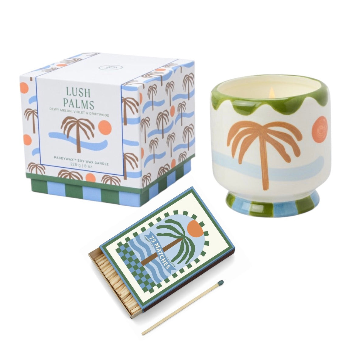 Paddywax A dopo Palm Tree - Κεραμικό κερί σόγιας, Lush Palms 226gr & Σπίρτα 75 τεμ