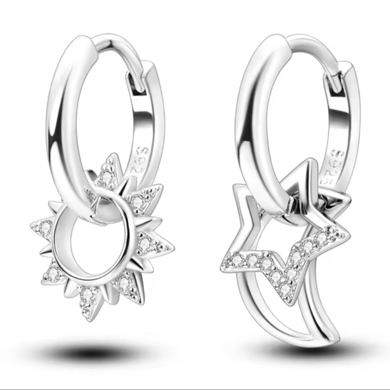 Σκουλαρίκια Κρικάκια 925 Ασημένια Αστεράκια, Φεγγάρι & Ήλιος