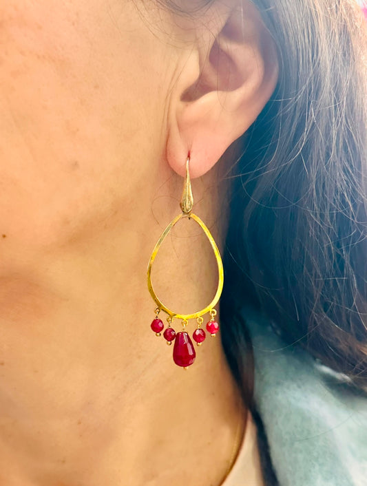 Dora Syrrou - Σκουλαρίκια Ασημένια Δάκρυ με Αχάτες Κόκκινους