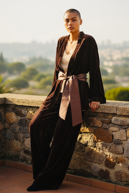 Charizma - Σετ Crushed Velvet με Ζώνη Σατέν & Φαρδιά Παντελόνα Σκούρο Καφέ