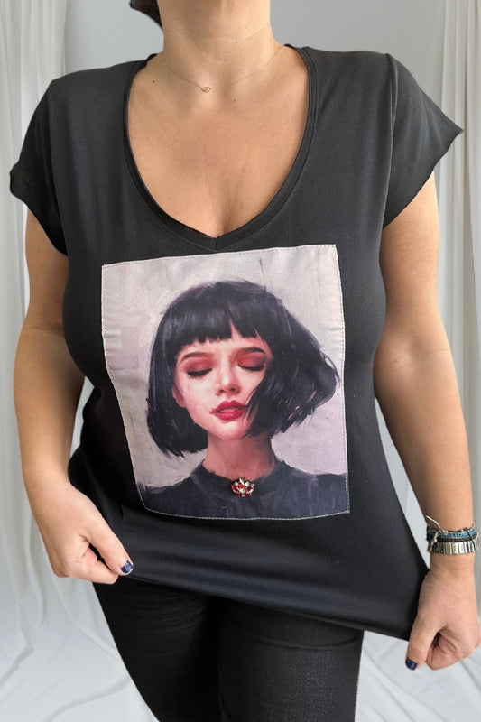 Ripped cotton T-shirt Μαύρο Βαμβακερό Με Εξώραφη Στάμπα Sweet Sofi