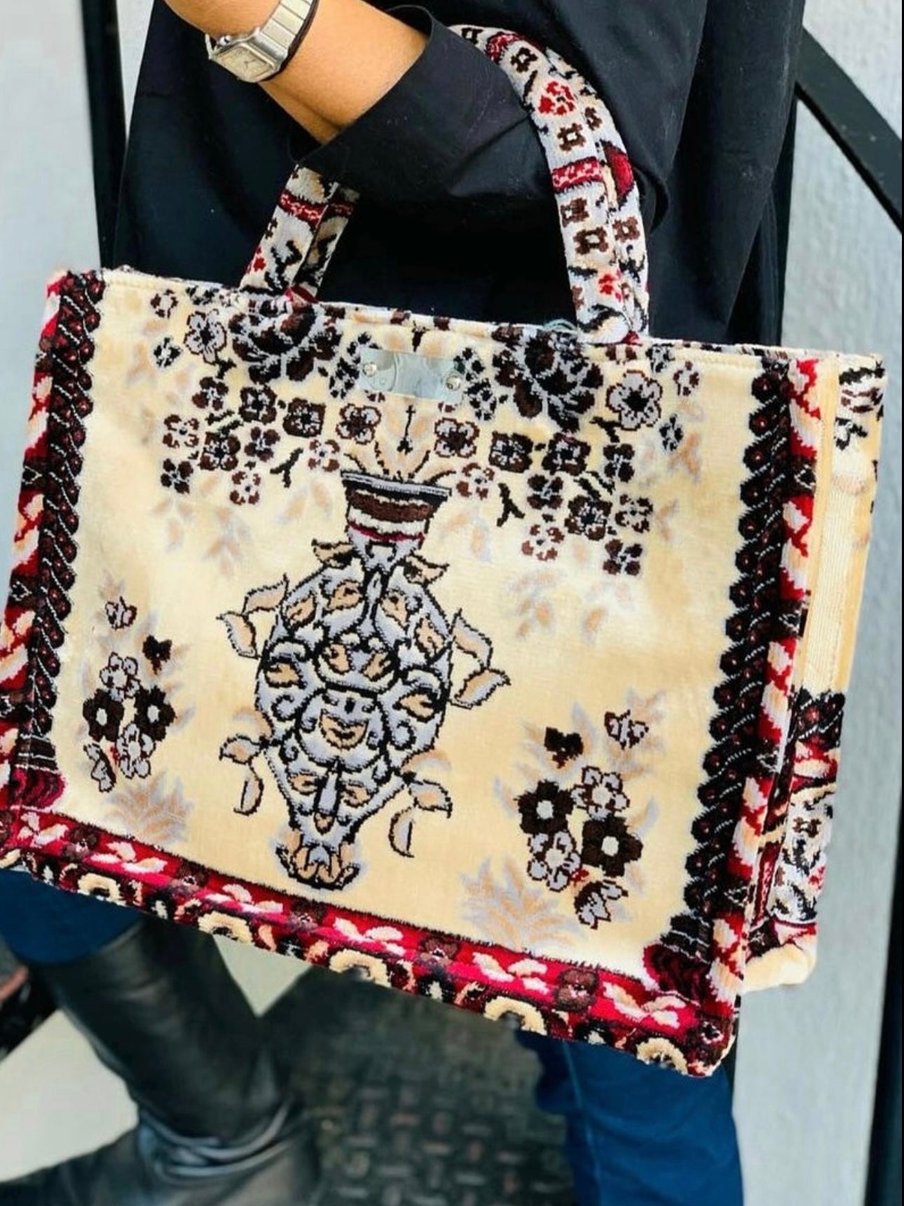 Tote Τσάντα Βελούδο Μπεζ Ταπισερί