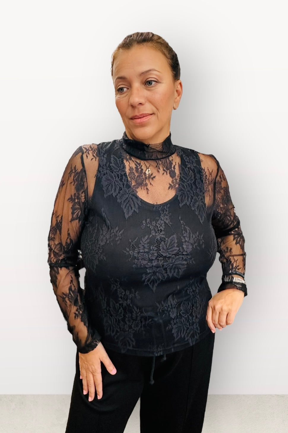 Figaro - Μπλούζα Δαντέλα με Μακρύ Μανίκι & Ψηλό Γιακά