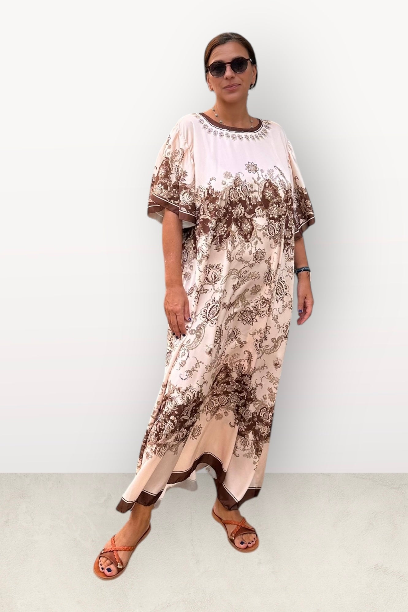 Σατέν Oversized Μακρύ Φόρεμα Με Λουλούδια & Κοντό Μανίκι