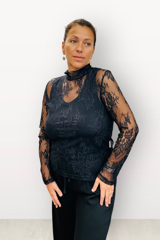 Figaro - Μπλούζα Δαντέλα με Μακρύ Μανίκι & Ψηλό Γιακά