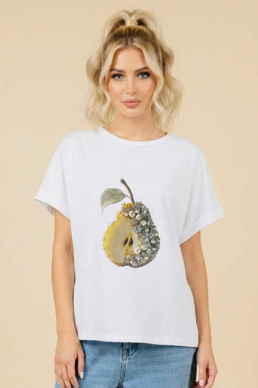 Unitee - Λευκό Μακό T-Shirt με Στάμπα Αχλάδι Στρας & Πέρλες