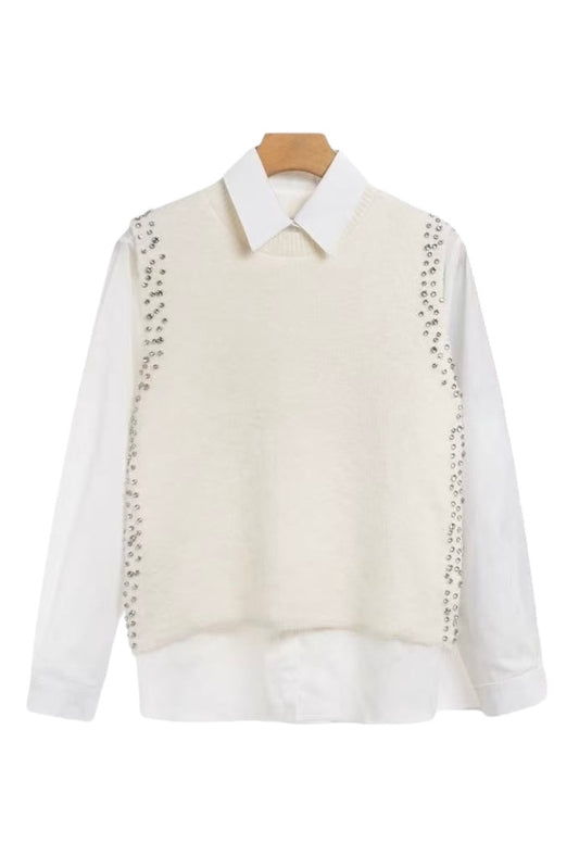 Charizma - Λευκό Πουκάμισο με Μάλλινο Γιλέκο Διακοσμημένο με Στρας