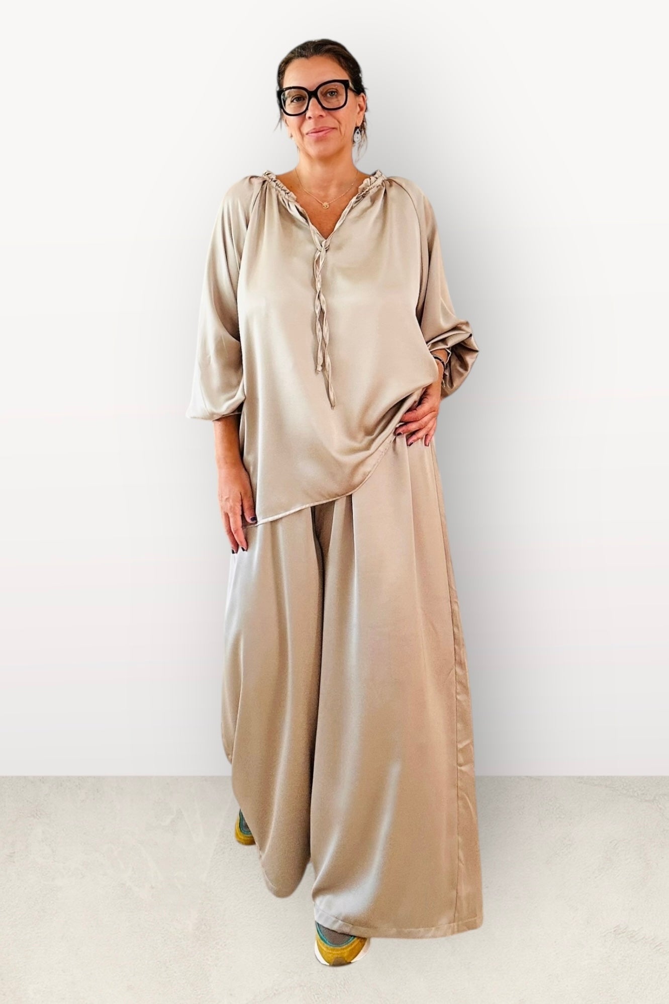 Charizma - Σετ Αέρινη Μπλουζα & Παντελόνα Σατέν Μπεζ