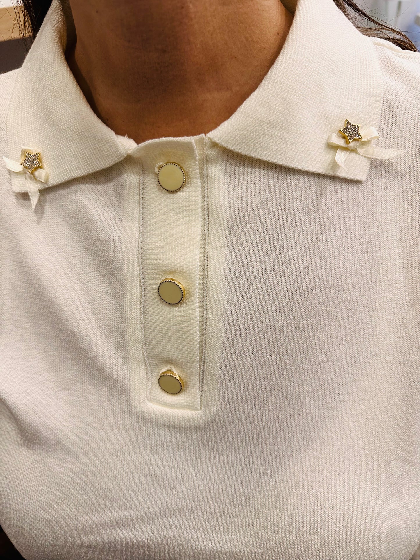 Figaro - Πλεκτή Μπλούζα Πόλο με Αστεράκια & φιόγκους Εκρού