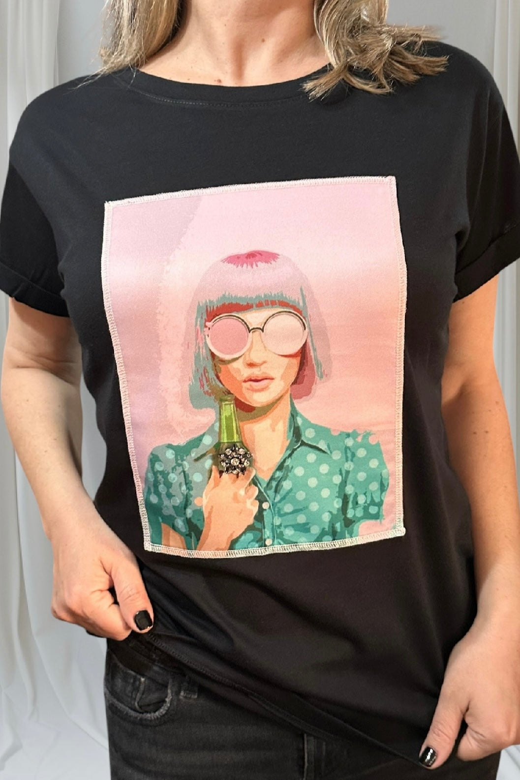 Ripped cotton T-shirt Μαύρο Βαμβακερό Με Εξώραφη Στάμπα Beer Lady