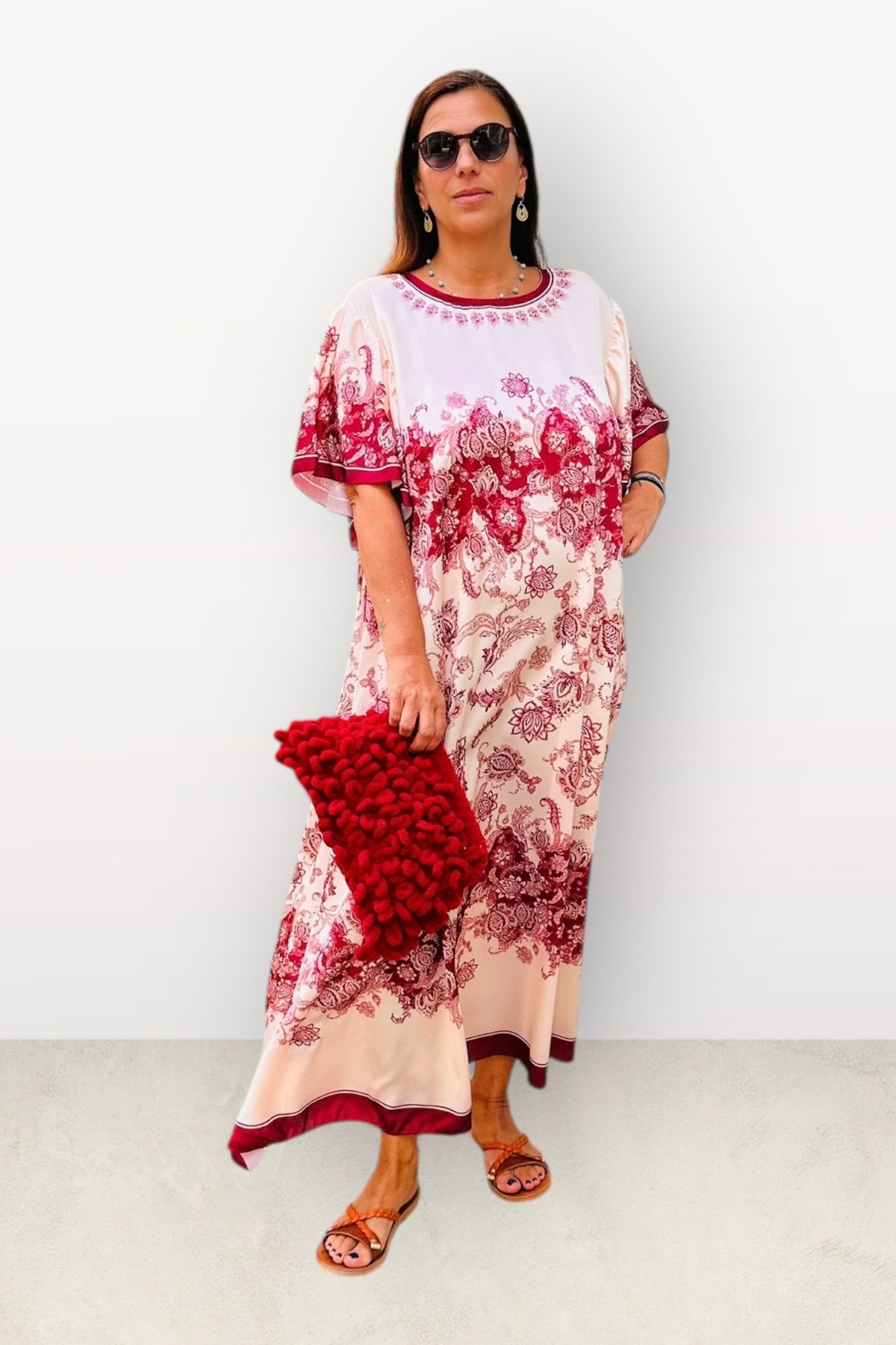 Σατέν Oversized Μακρύ Φόρεμα Με Λουλούδια & Κοντό Μανίκι