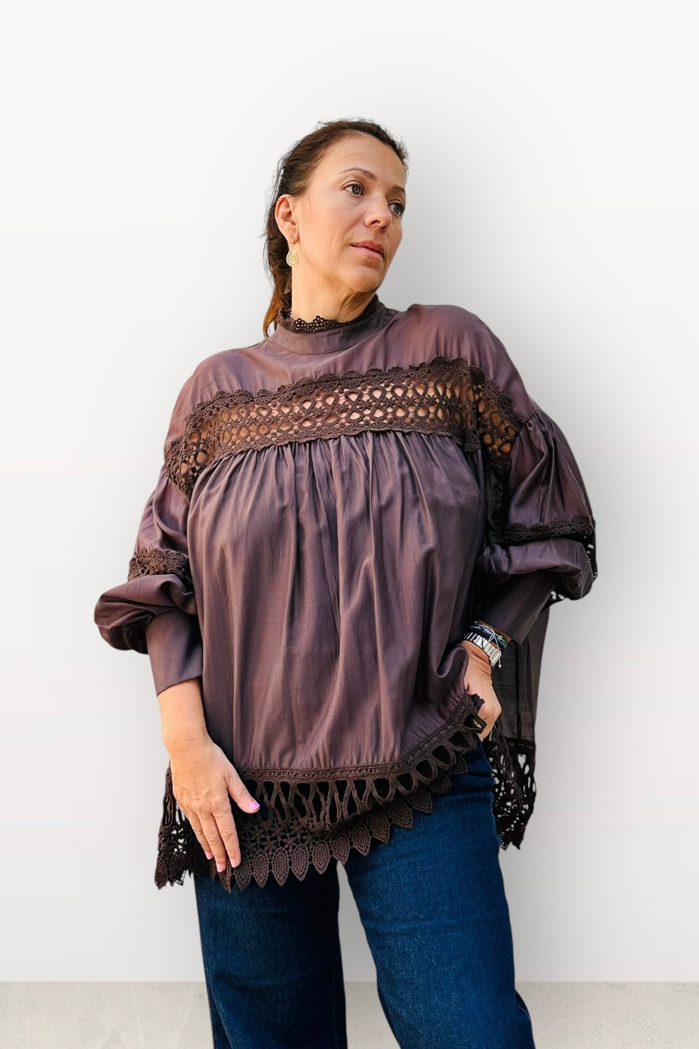 Μπλούζα - Πουκάμισο Καφέ Με Δαντέλα