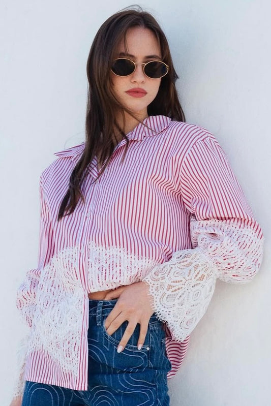 Cache Cache - Πουκάμισο Ριγέ Κόκκινο Με Δαντέλα