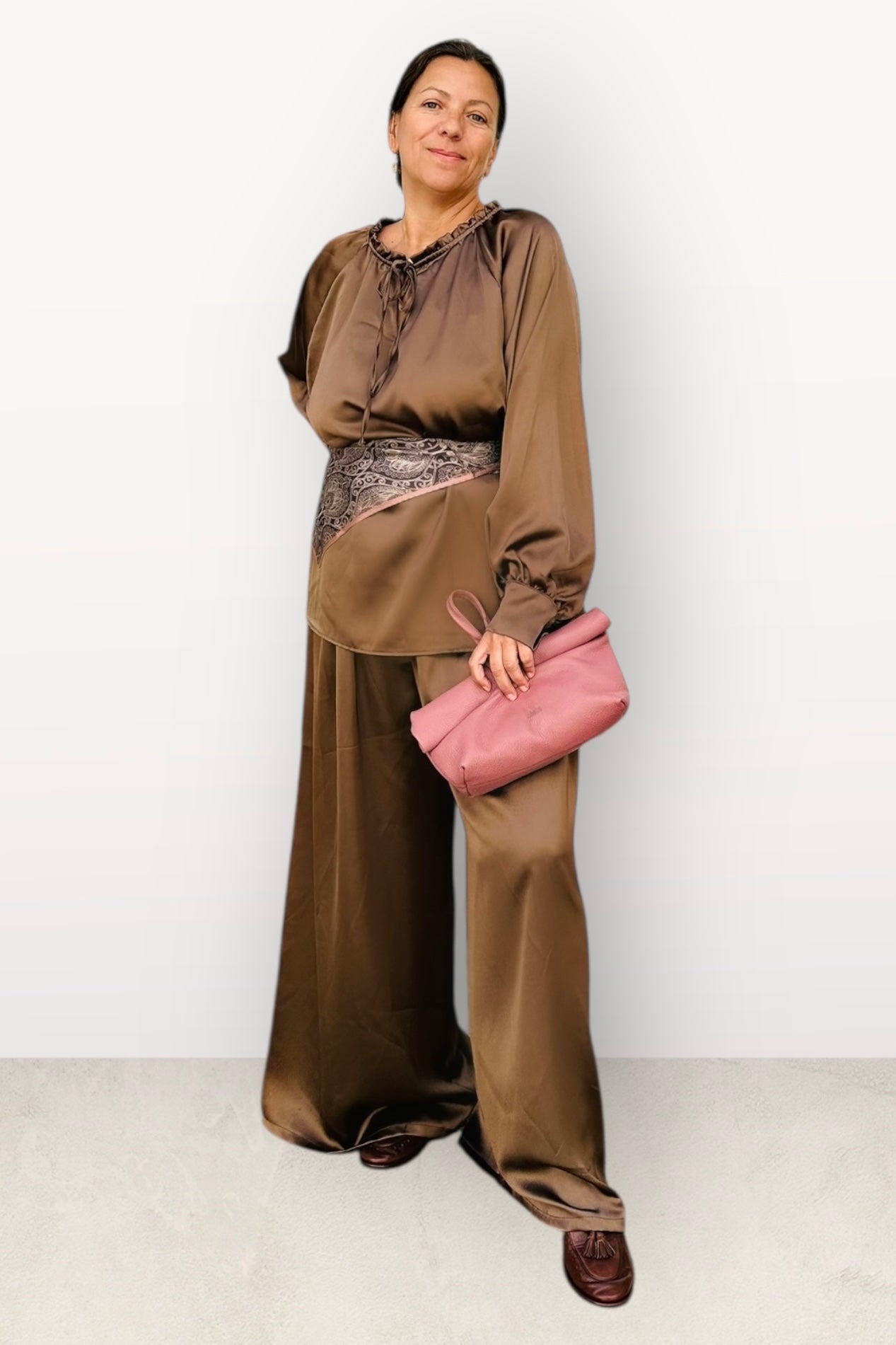 Charizma - Σετ Αέρινη Μπλουζα & Παντελόνα Σατέν Καφέ