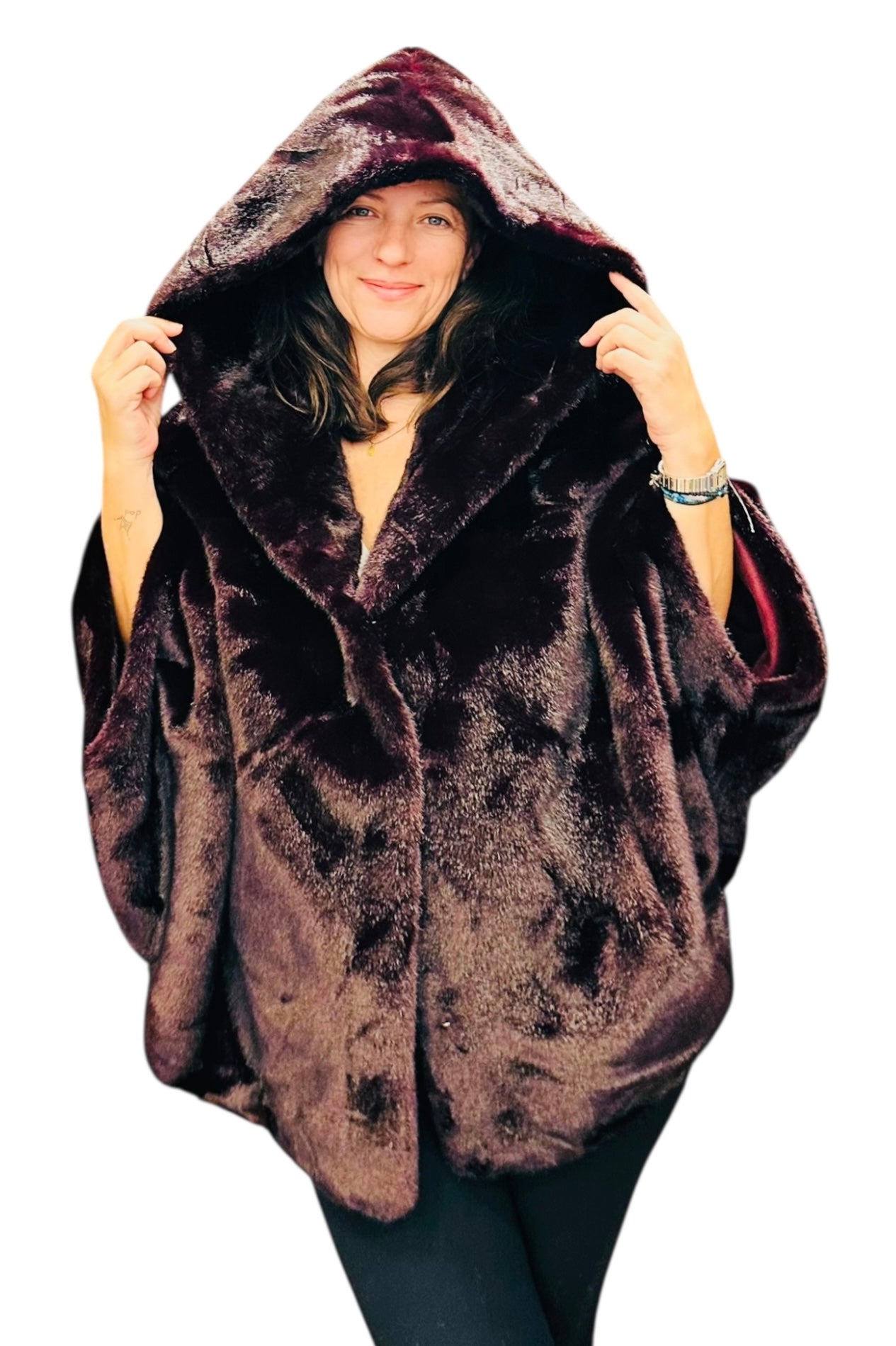 Charizma - Συνθετική Γούνα με Κουκούλα, Τσέπες σε Στυλ Κάπας Μπορντό