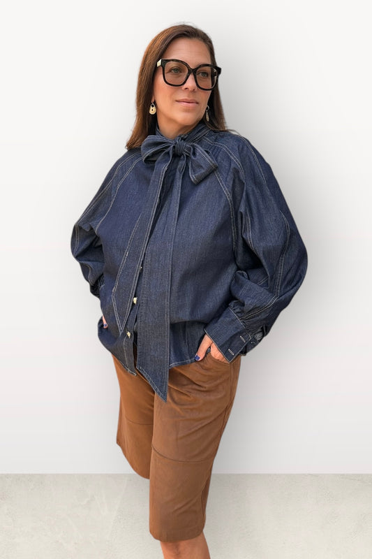 Charizma Τζιν Πουκάμισο με Φουσκωτά Μανίκια, Δέσιμο στον Λαιμό & Χρυσά Κουμπάκια