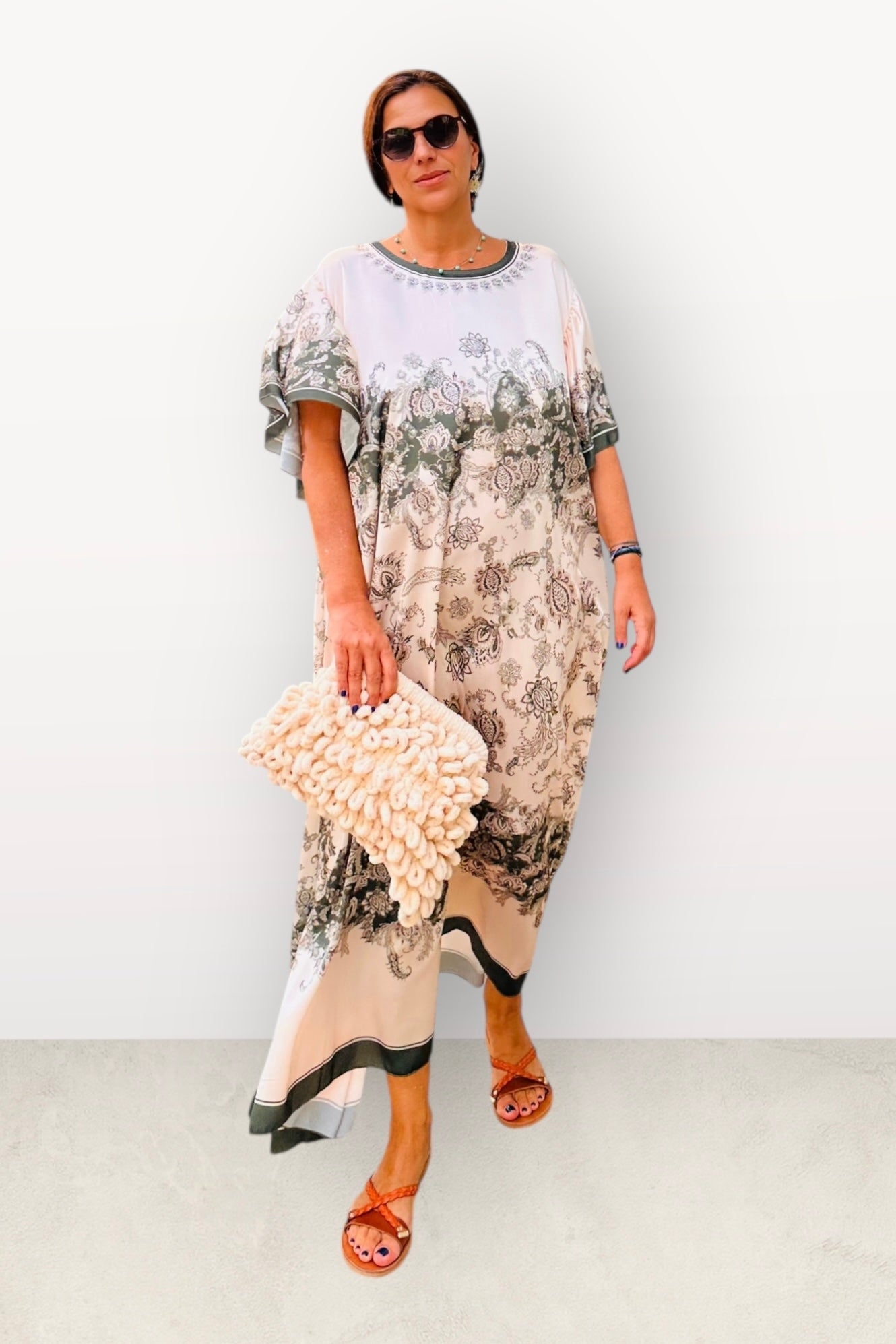 Σατέν Oversized Μακρύ Φόρεμα Με Λουλούδια & Κοντό Μανίκι